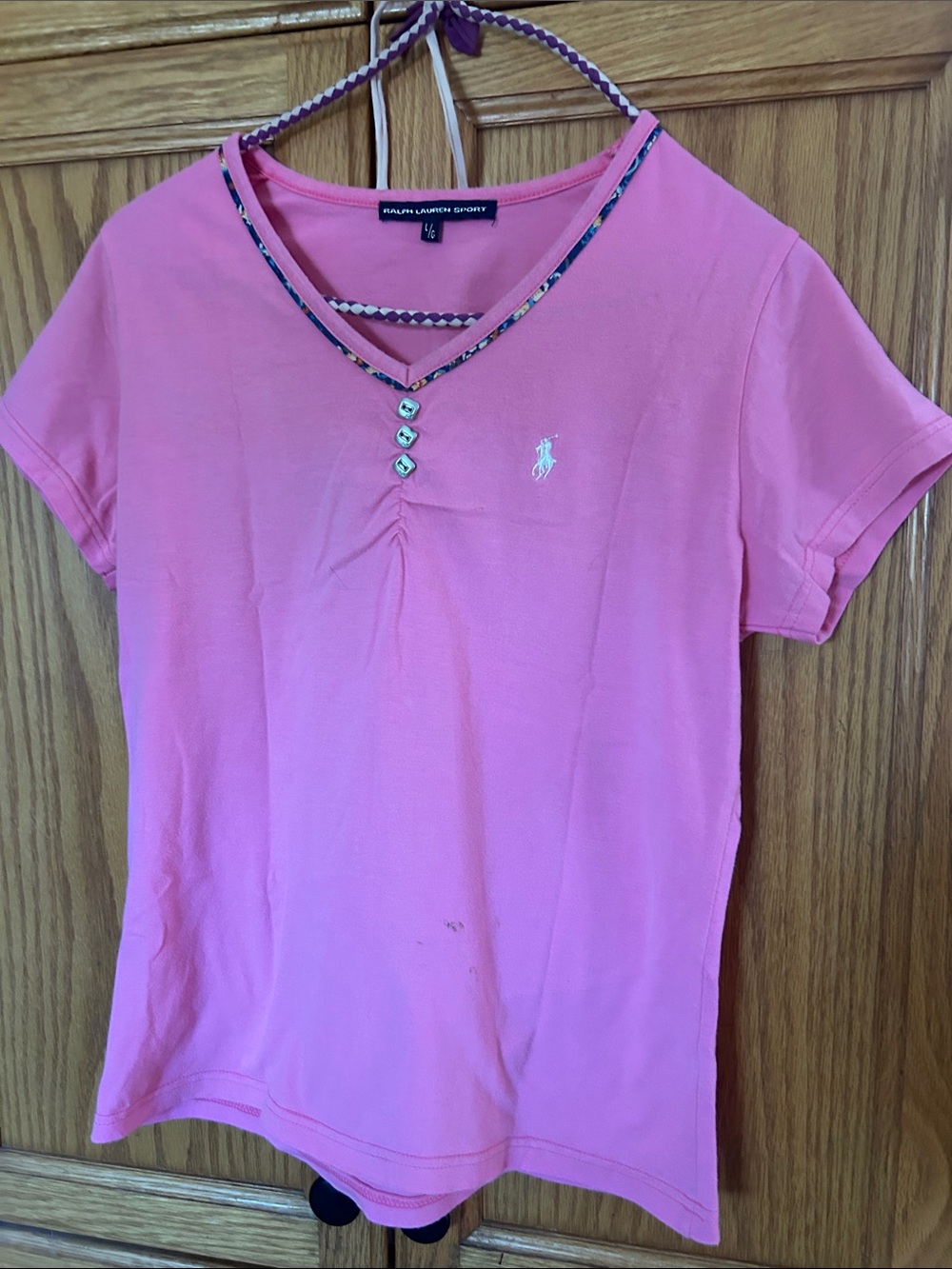 Ralph Lauren Pink V-Neck Short Sleeve Tee with Embroidered Pony